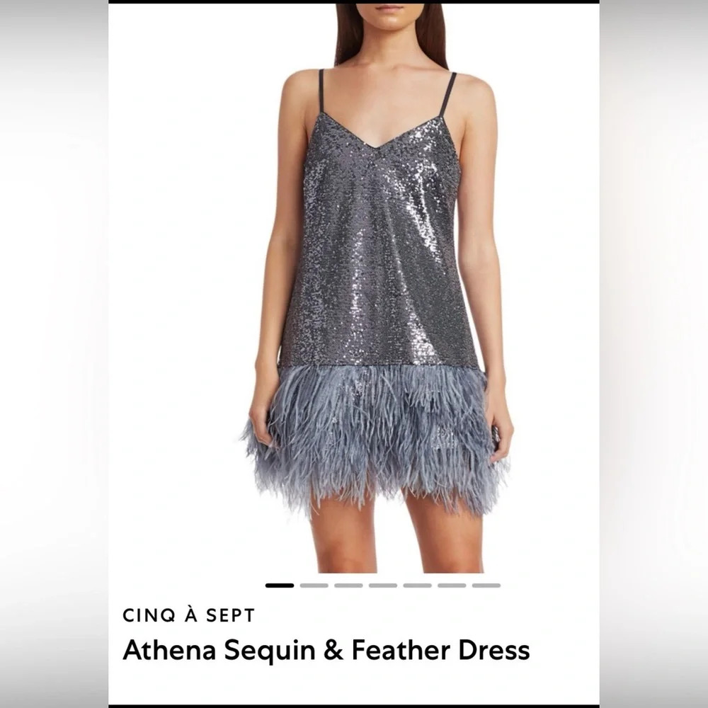Cinq à Sept Silver Sequin and Feather Mini Dress